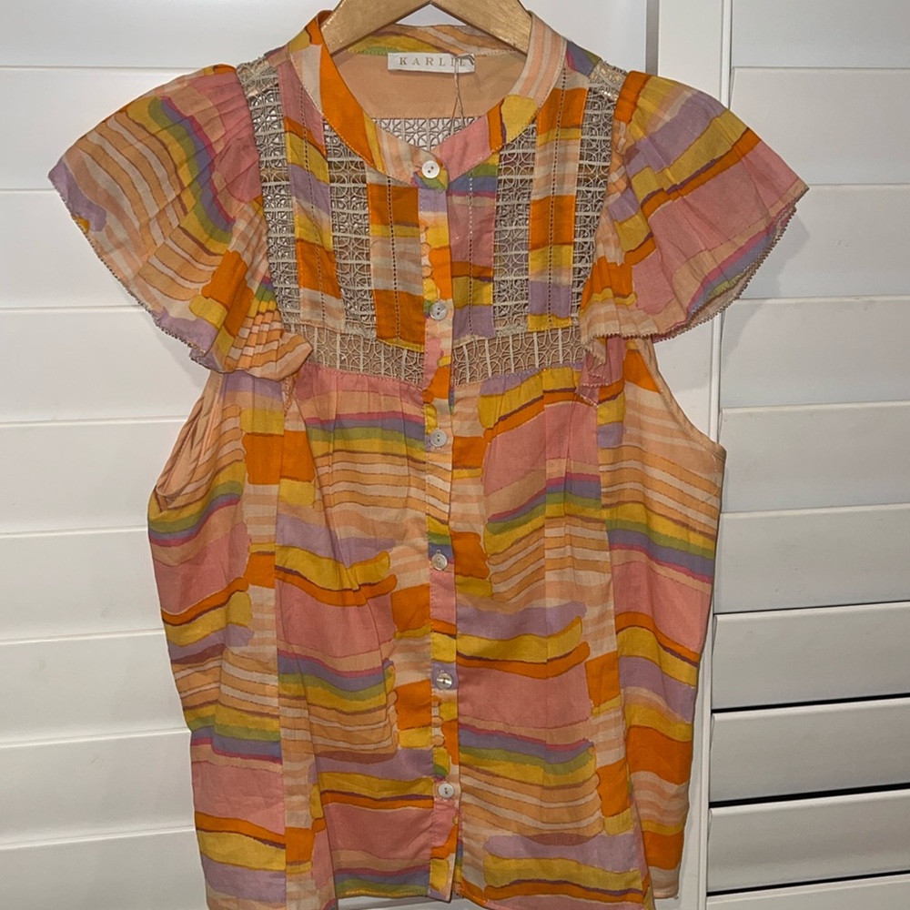 Karlie boho watercolor blouse with ruffle and lace details, NWT - Picture 3 of 10